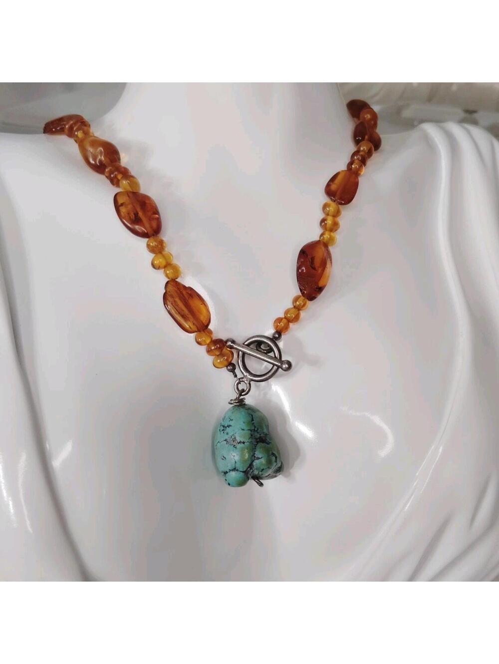Vintage Genuine Baltic Amber Turquoise Beaded Necklace 925 Clasp